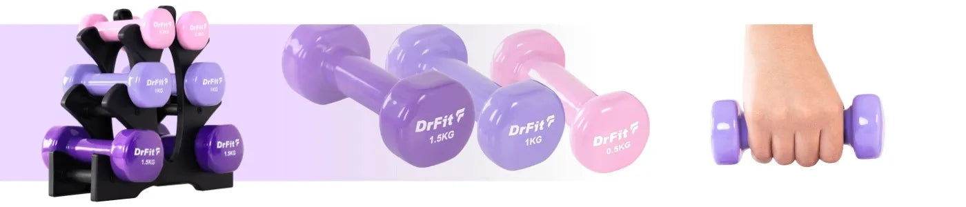 DrFit 6 hanteli rinkinys su stovu, 6 kg (2x 0,5 kg, 2x 1 kg, 2x 1,5 kg)