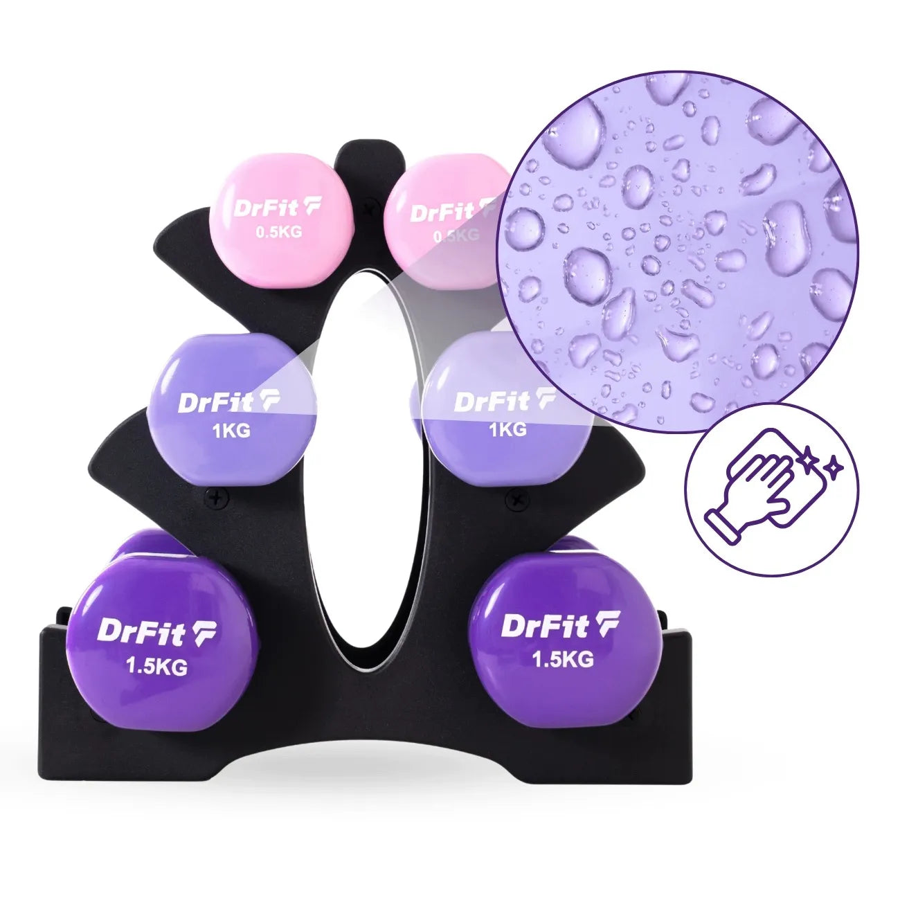 DrFit 6 hanteli rinkinys su stovu, 6 kg (2x 0,5 kg, 2x 1 kg, 2x 1,5 kg)