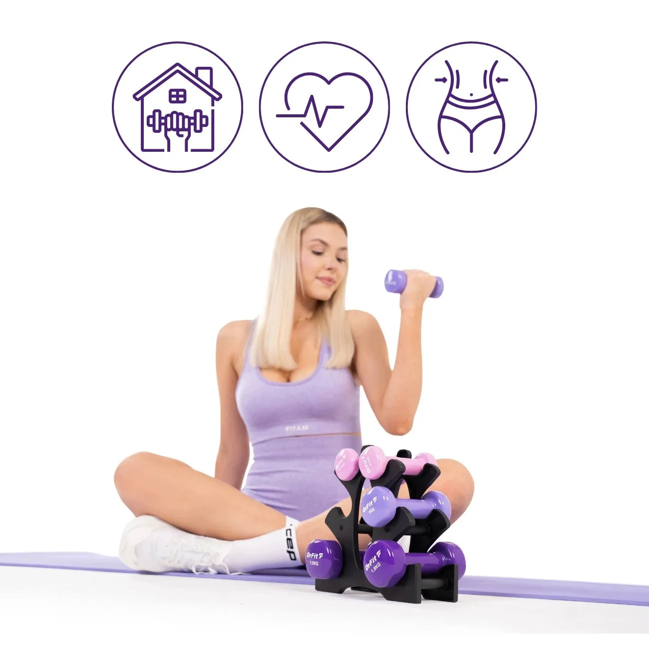 DrFit 6 hanteli rinkinys su stovu, 6 kg (2x 0,5 kg, 2x 1 kg, 2x 1,5 kg)
