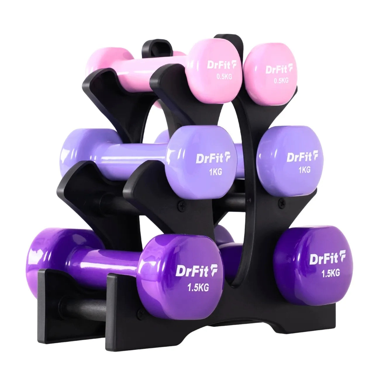 DrFit 6 hanteli rinkinys su stovu, 6 kg (2x 0,5 kg, 2x 1 kg, 2x 1,5 kg)