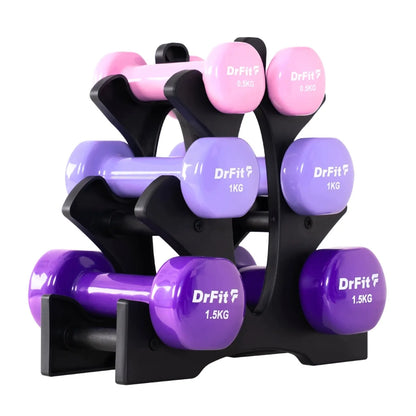 DrFit 6 hanteli rinkinys su stovu, 6 kg (2x 0,5 kg, 2x 1 kg, 2x 1,5 kg)