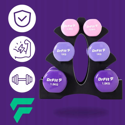 DrFit 6 hanteli rinkinys su stovu, 6 kg (2x 0,5 kg, 2x 1 kg, 2x 1,5 kg)