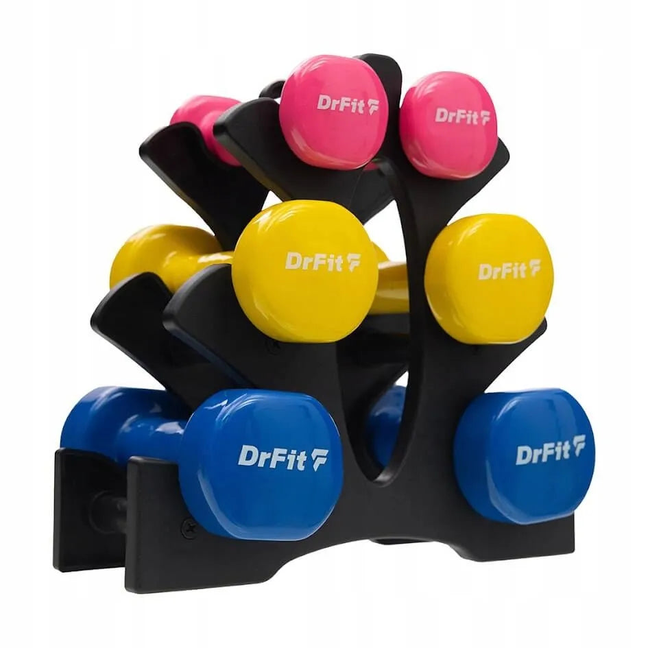 DrFit 6 vnt. hantelių rinkinys su stovu, 12 kg, spalvoti, kardio, fitnesui, pilatesui