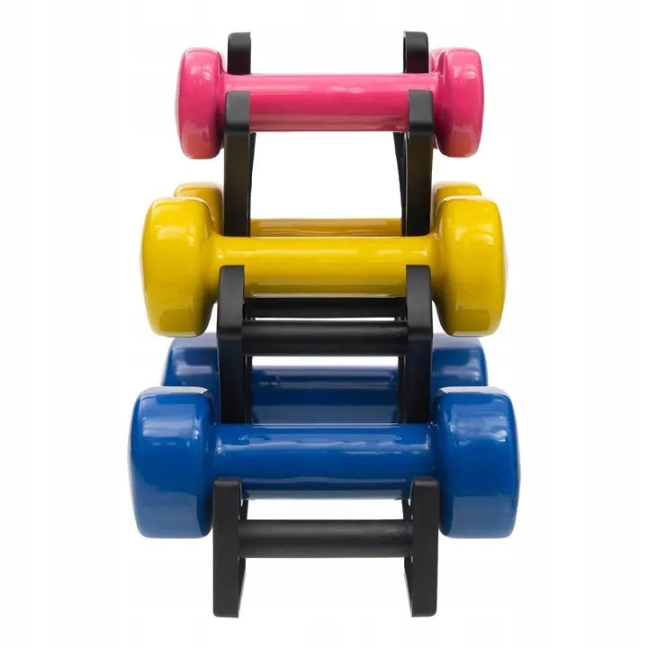 DrFit 6 vnt. hantelių rinkinys su stovu, 12 kg, spalvoti, kardio, fitnesui, pilatesui