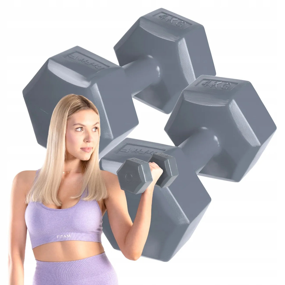 „DrFit“ šešiakampių fitneso hantelių rinkinys, 2 × 4 kg, pilki