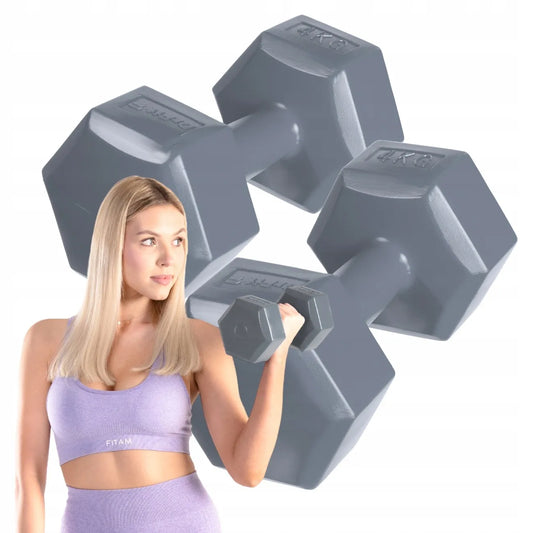 „DrFit“ šešiakampių fitneso hantelių rinkinys, 2 × 4 kg, pilki