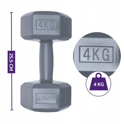„DrFit“ šešiakampių fitneso hantelių rinkinys, 2 × 4 kg, pilki