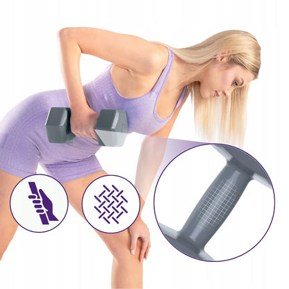 „DrFit“ šešiakampių fitneso hantelių rinkinys, 2 × 4 kg, pilki