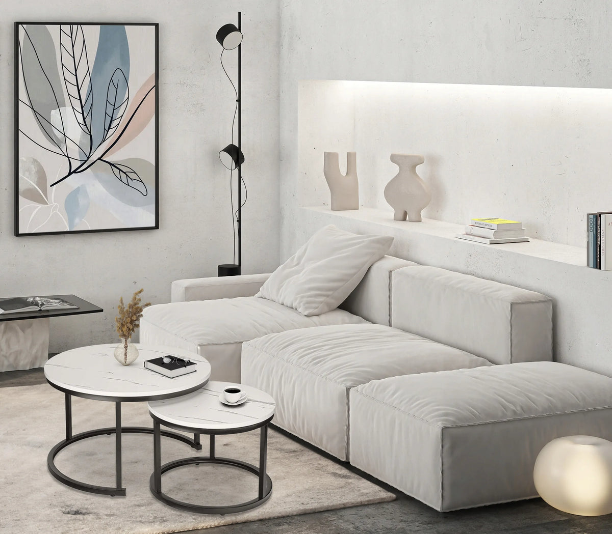 Dviejų loft staliukų komplektas Galen, baltas marmuras