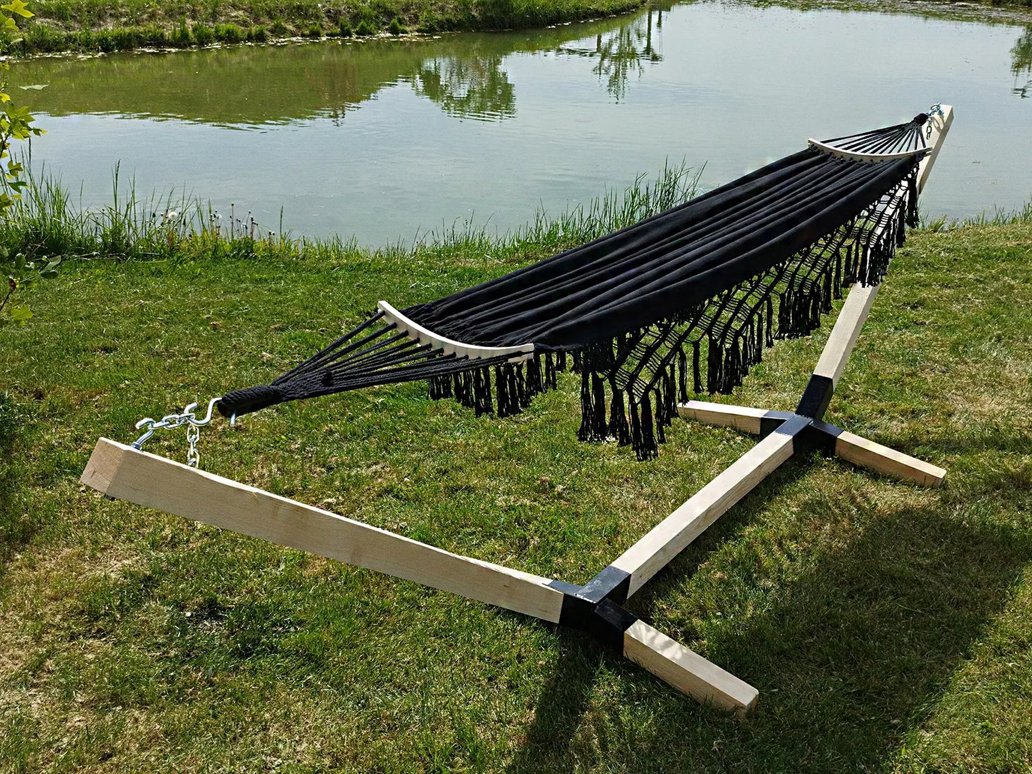Dvipusis Boho stiliaus hamakas su stovu COMFORT ZONE 200 kg, juodas, nešiojamas komplektas