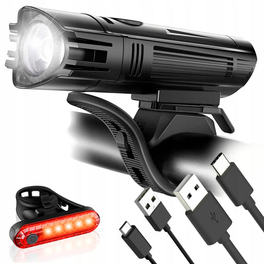 Dviračių žibintų komplektas BLOW BL-05 priekinis ir galinis LED USB vandeniui atsparus