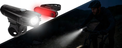 Dviračių žibintų komplektas BLOW BL-05 priekinis ir galinis LED USB vandeniui atsparus