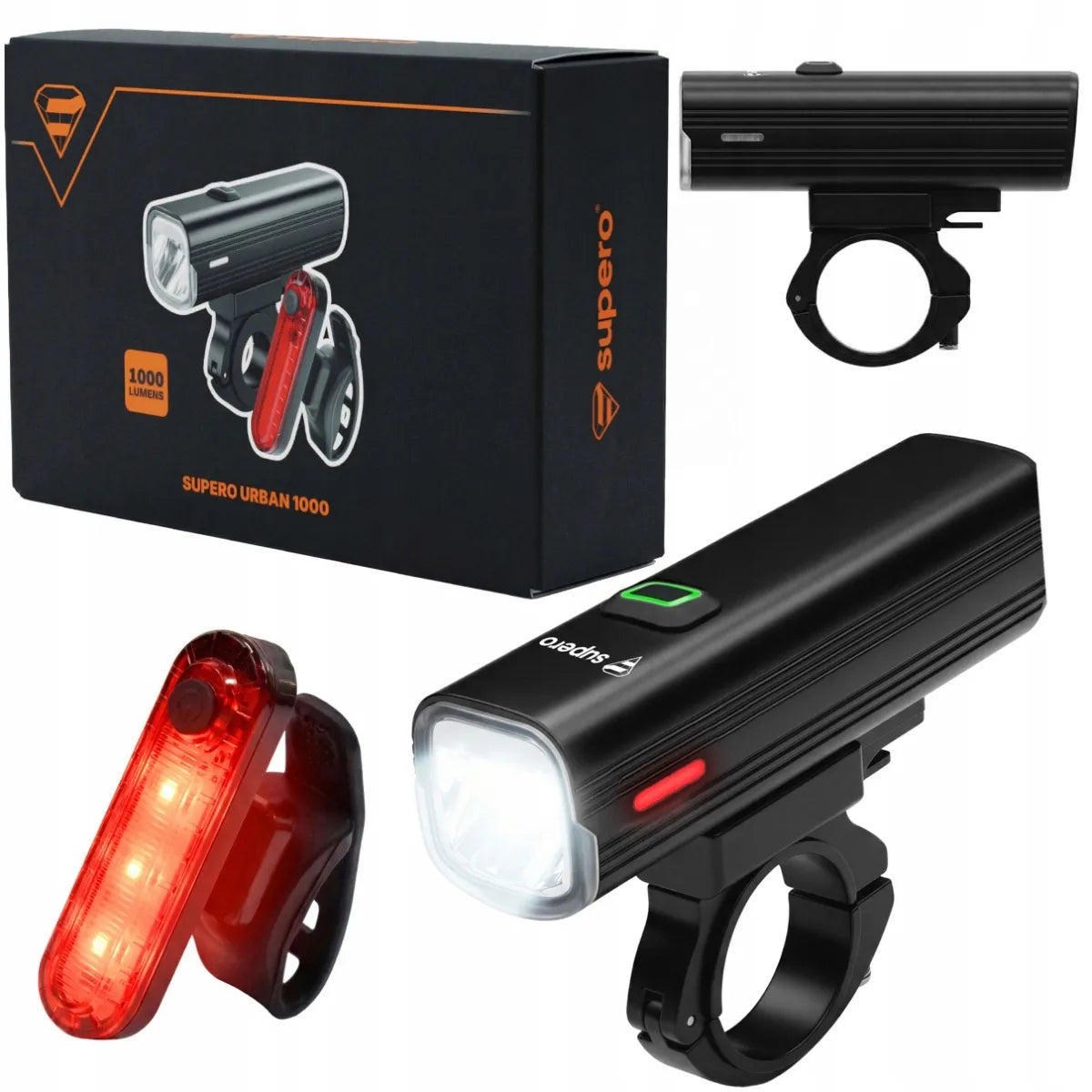 Dviratininko žibintų komplektas priekinis + galinis, 1000 lm, USB-C, IPX6, 4800 mAh