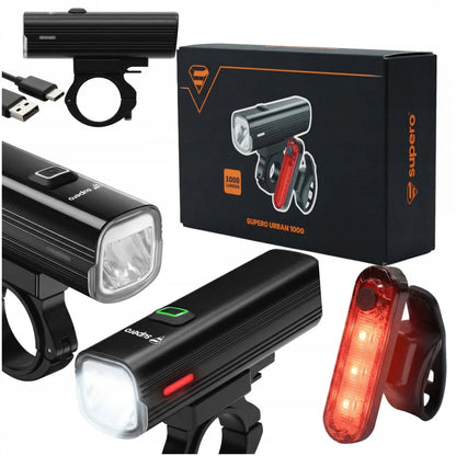 Dviratininko žibintų komplektas priekinis + galinis, 1000 lm, USB-C, IPX6, 4800 mAh