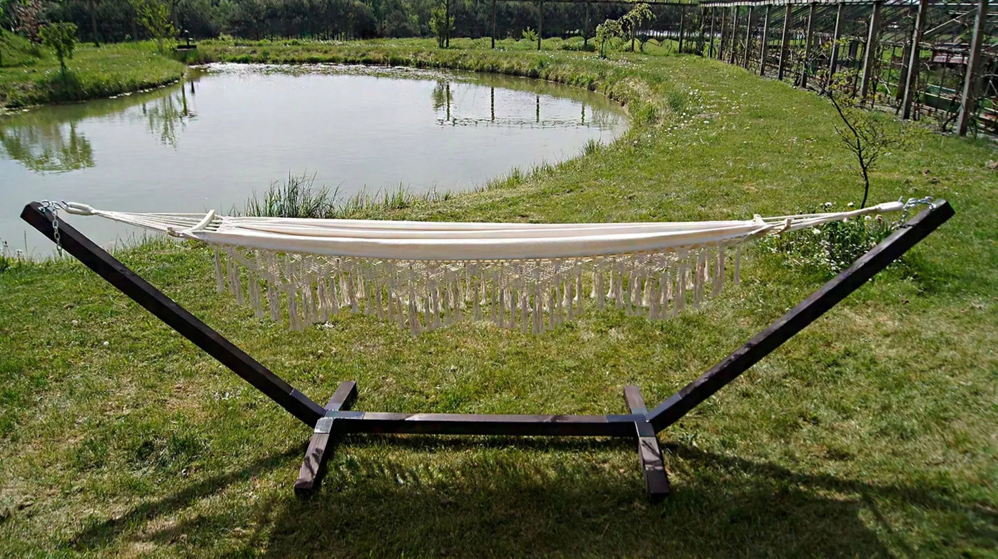 Dvivietis hamakas su stovu BOHO ECRU nešiojamas komplektas COMFORT ZONE 200 KG