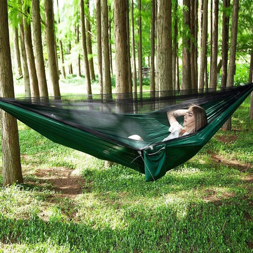 Dvivietis sodo hamakas su tinkleliu nuo uodų, tvirtas, kelioninis, su skersiniu, juodas, 270 cm