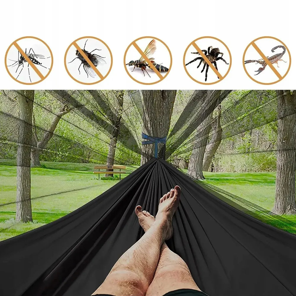 Dvivietis sodo hamakas su tinkleliu nuo uodų, tvirtas, kelioninis, su skersiniu, juodas, 270 cm