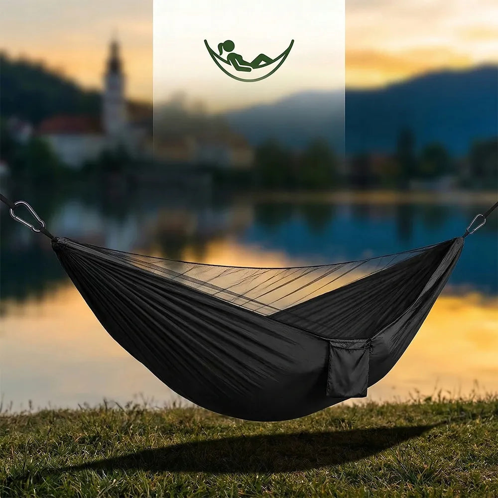 Dvivietis sodo hamakas su tinkleliu nuo uodų, tvirtas, kelioninis, su skersiniu, juodas, 270 cm