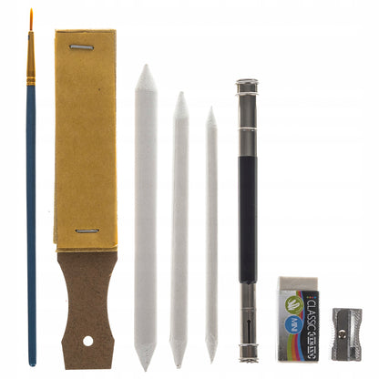 74 PIEŠTUKŲ IR KREDELIŲ RINKINYS ESKIZAVIMUI IR PIEŠIMUI, PROFESIONALUS ESKIZŲ KNYGŲ RINKINYS