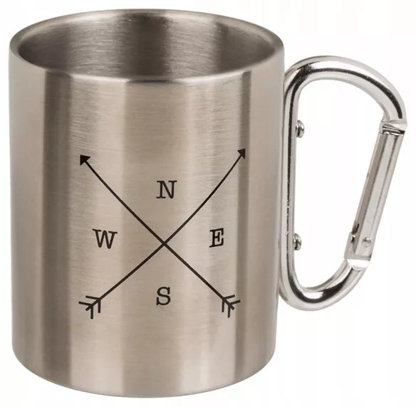 Plieninis turistinis puodelis su karabinu iš nerūdijančio plieno