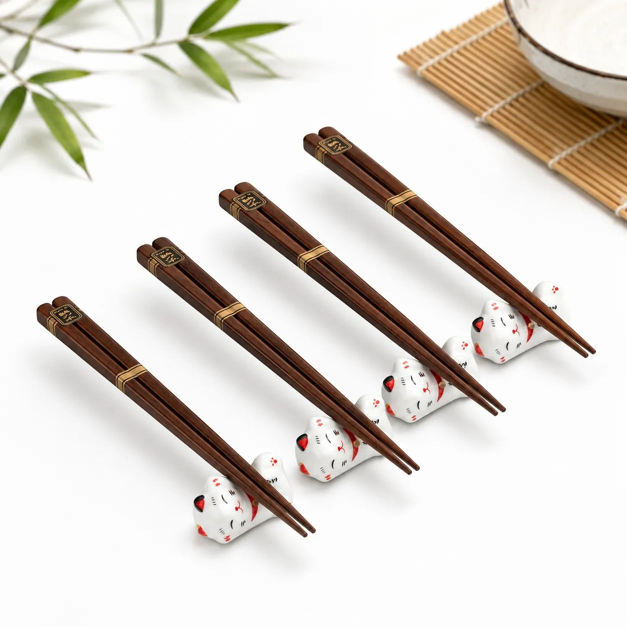 Edo bambusinių lazdelių rinkinys su 4 stovais, kačių tema kinų ir japonų patiekalams