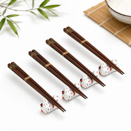 Edo bambusinių lazdelių rinkinys su 4 stovais, kačių tema kinų ir japonų patiekalams