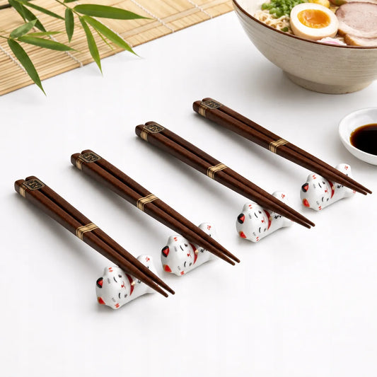 Edo bambusinių lazdelių rinkinys su 4 stovais, kačių tema kinų ir japonų patiekalams
