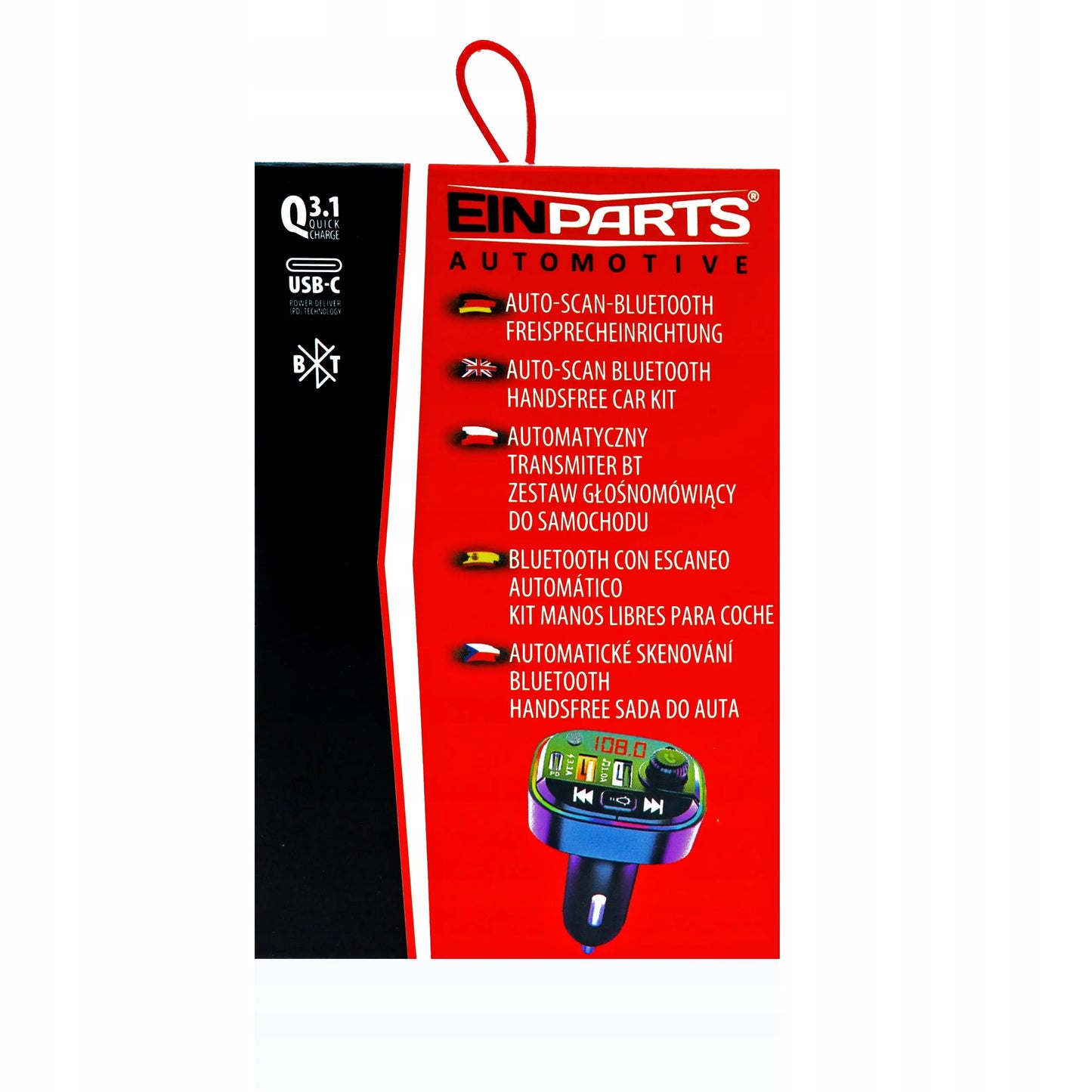 EinParts Automotive EPBTT02 FM siųstuvas, „Bluetooth“ imtuvas, USB-A ir USB-C automobilinis įkroviklis