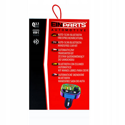 EinParts Automotive EPBTT02 FM siųstuvas, „Bluetooth“ imtuvas, USB-A ir USB-C automobilinis įkroviklis