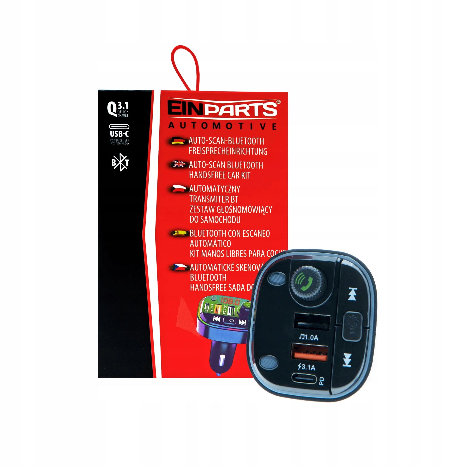EinParts Automotive EPBTT02 FM siųstuvas, „Bluetooth“ imtuvas, USB-A ir USB-C automobilinis įkroviklis