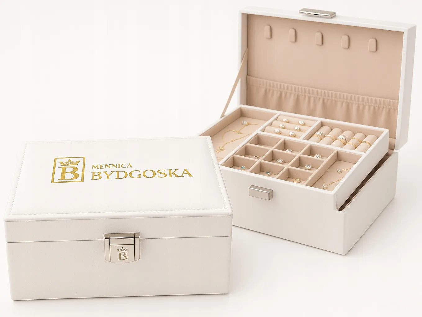 Elegantiška papuošalų dėžutė Mennica Bydgoska, balta organizatorė
