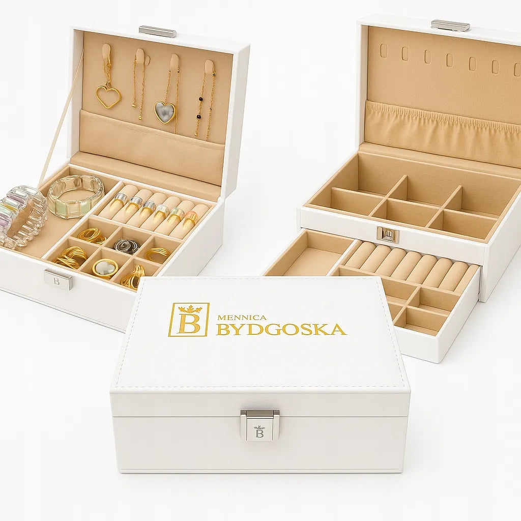 Elegantiška papuošalų dėžutė Mennica Bydgoska, balta organizatorė