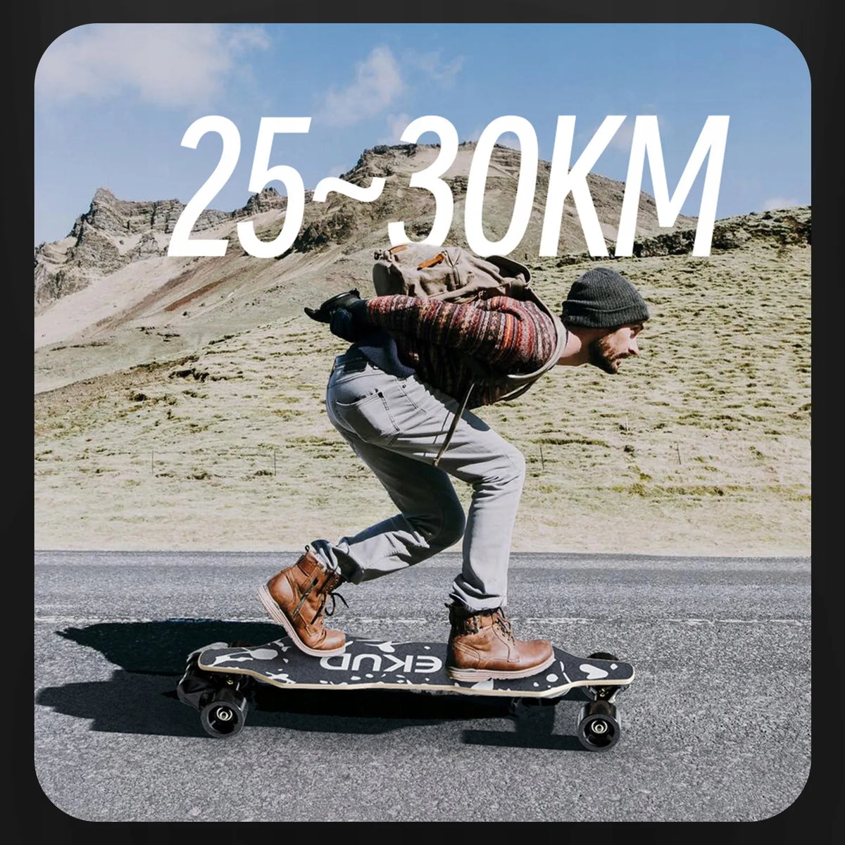 Elektrinė riedlentė Qekud S4, maksimalus greitis 42 km/h, nuotolis 30 km, galia 2000 W