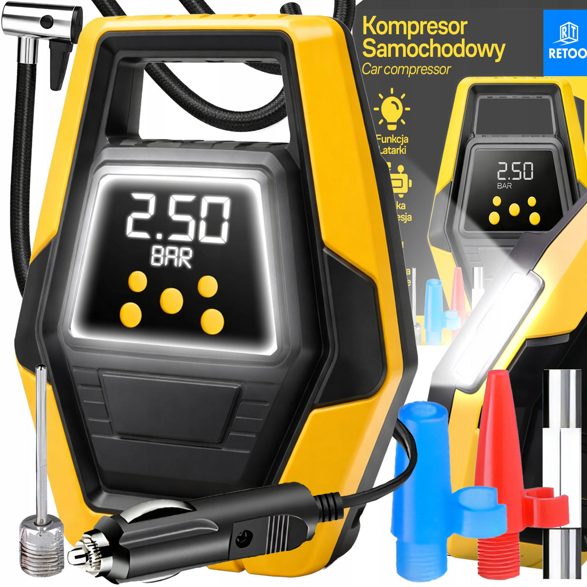 Elektrinis automobilinis kompresorius, 12 V padangų pripūtimo siurblys su LCD ekranu ir LED apšvietimu