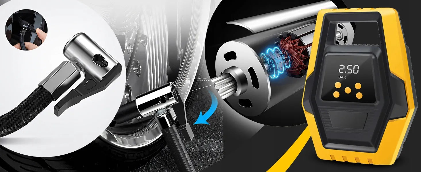 Elektrinis automobilinis kompresorius, 12 V padangų pripūtimo siurblys su LCD ekranu ir LED apšvietimu