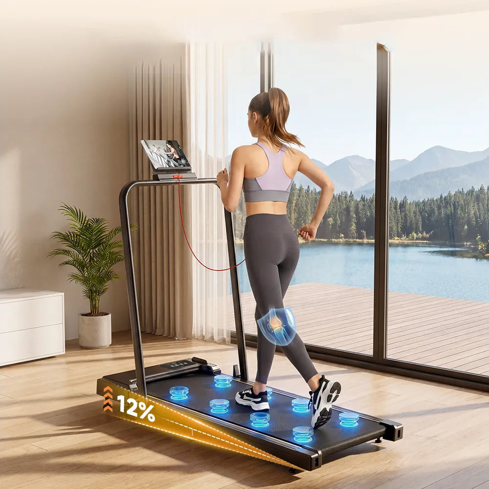 Elektrinis bėgimo takelis namams KZYNTH 2-in-1 1–12 km/h, LED ekranas, tylus veikimas, 120 kg