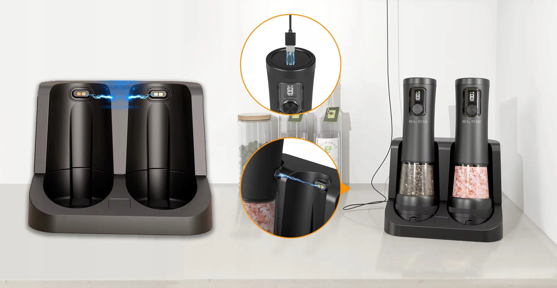 Elektrinis druskos ir pipirų malūnėlių rinkinys BLOW, USB-C, 2 vnt.