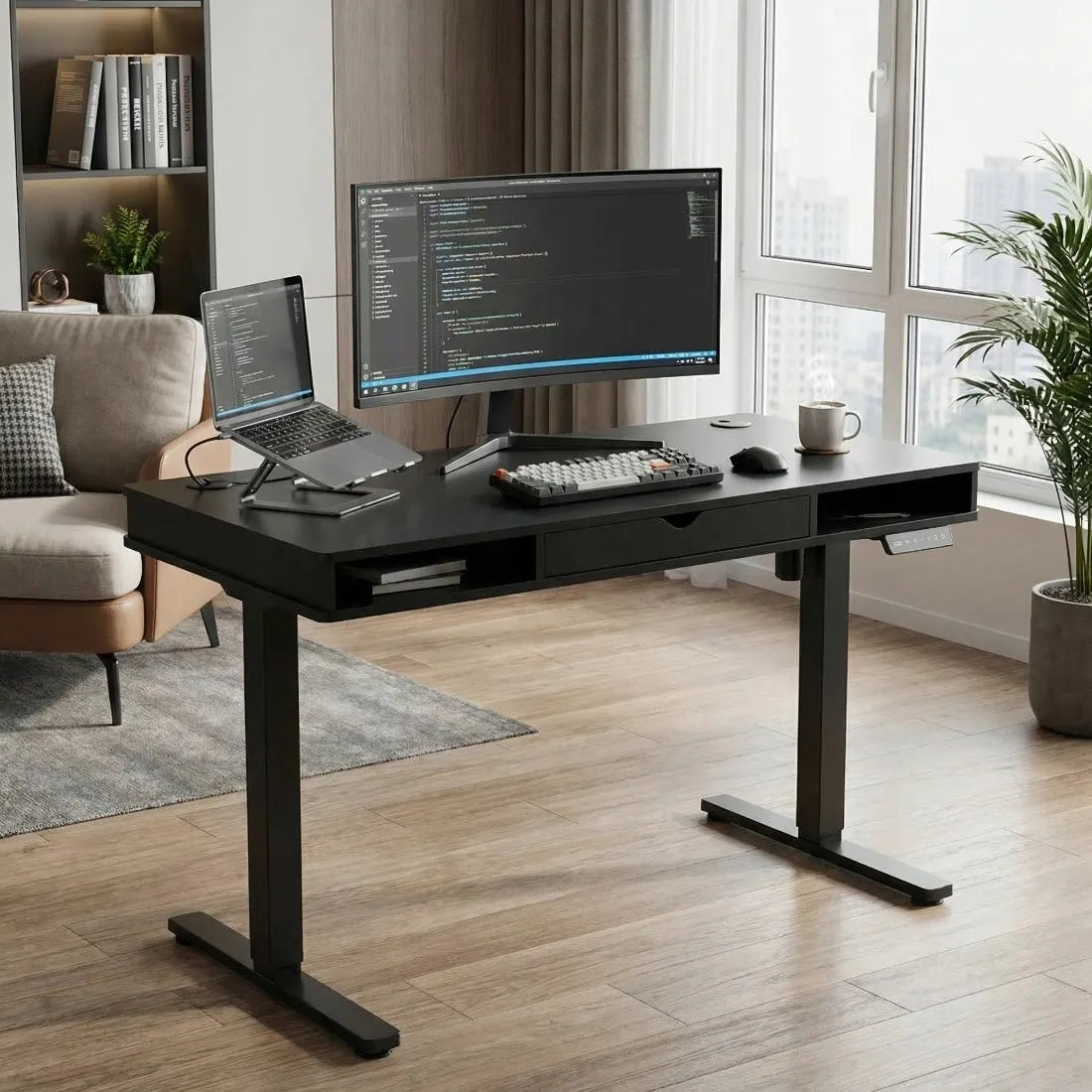 ELEKTRINIS reguliuojamas rašomasis stalas su stalčiumi 120x60 juodas LED USB Spacetronik