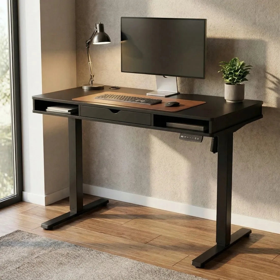 ELEKTRINIS reguliuojamas rašomasis stalas su stalčiumi 120x60 juodas LED USB Spacetronik