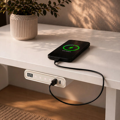 Elektrinis reguliuojamo aukščio stalas „Boste“ 120 × 60 cm su MDF stalviršiu ir greituoju įkrovimu