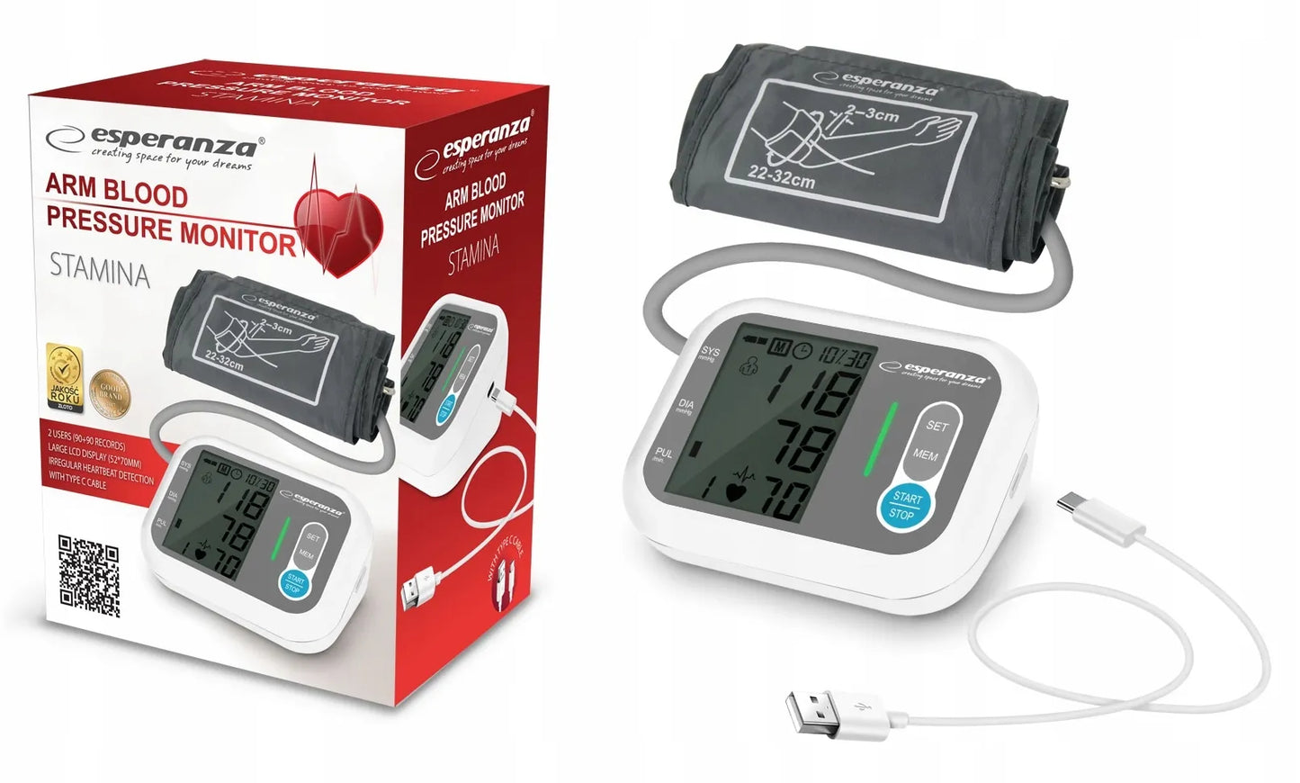 Elektroninis žastinis kraujospūdžio matuoklis Esperanza Stamina LCD 22-32cm su aritmijos aptikimo funkcija