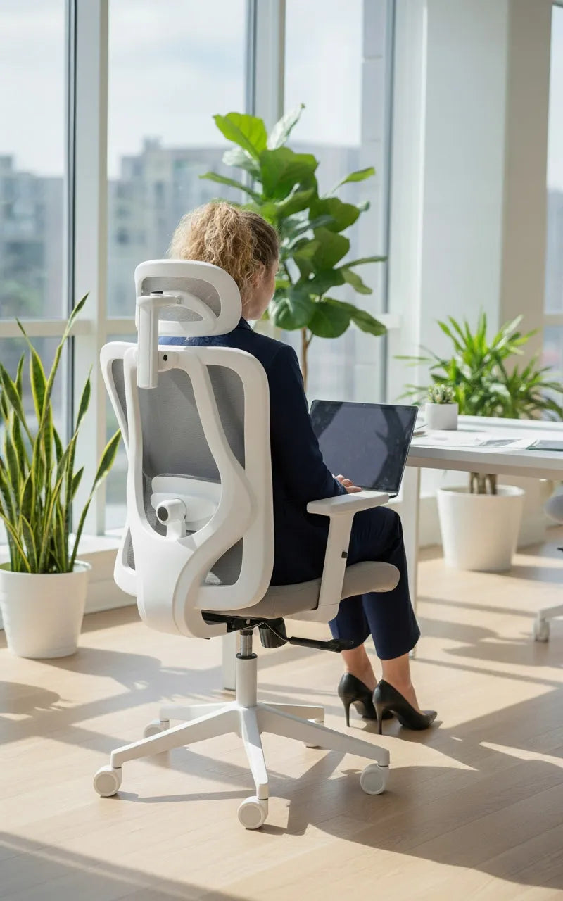 Ergonomiška pilka balta biuro kėdė Giosedio FXB002 su reguliuojamais porankiais