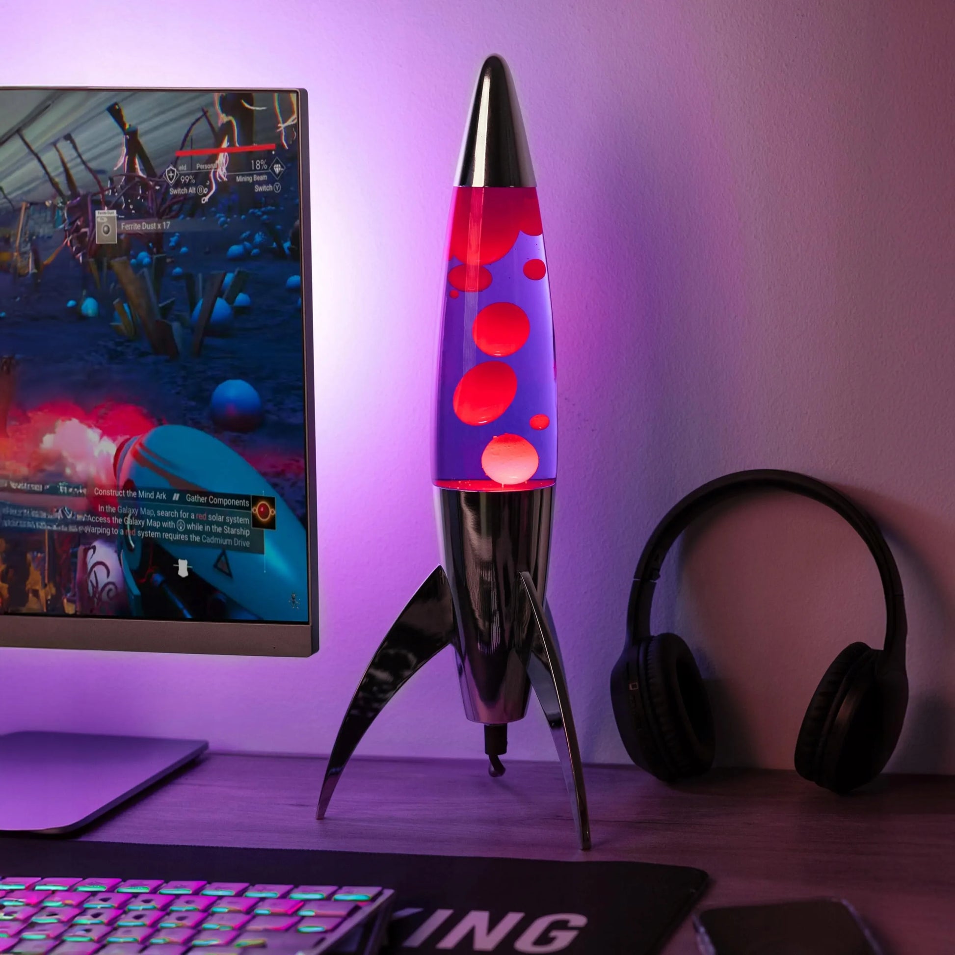 Fisura violetinė lavos lempa „rocket“ su chromuotu pagrindu