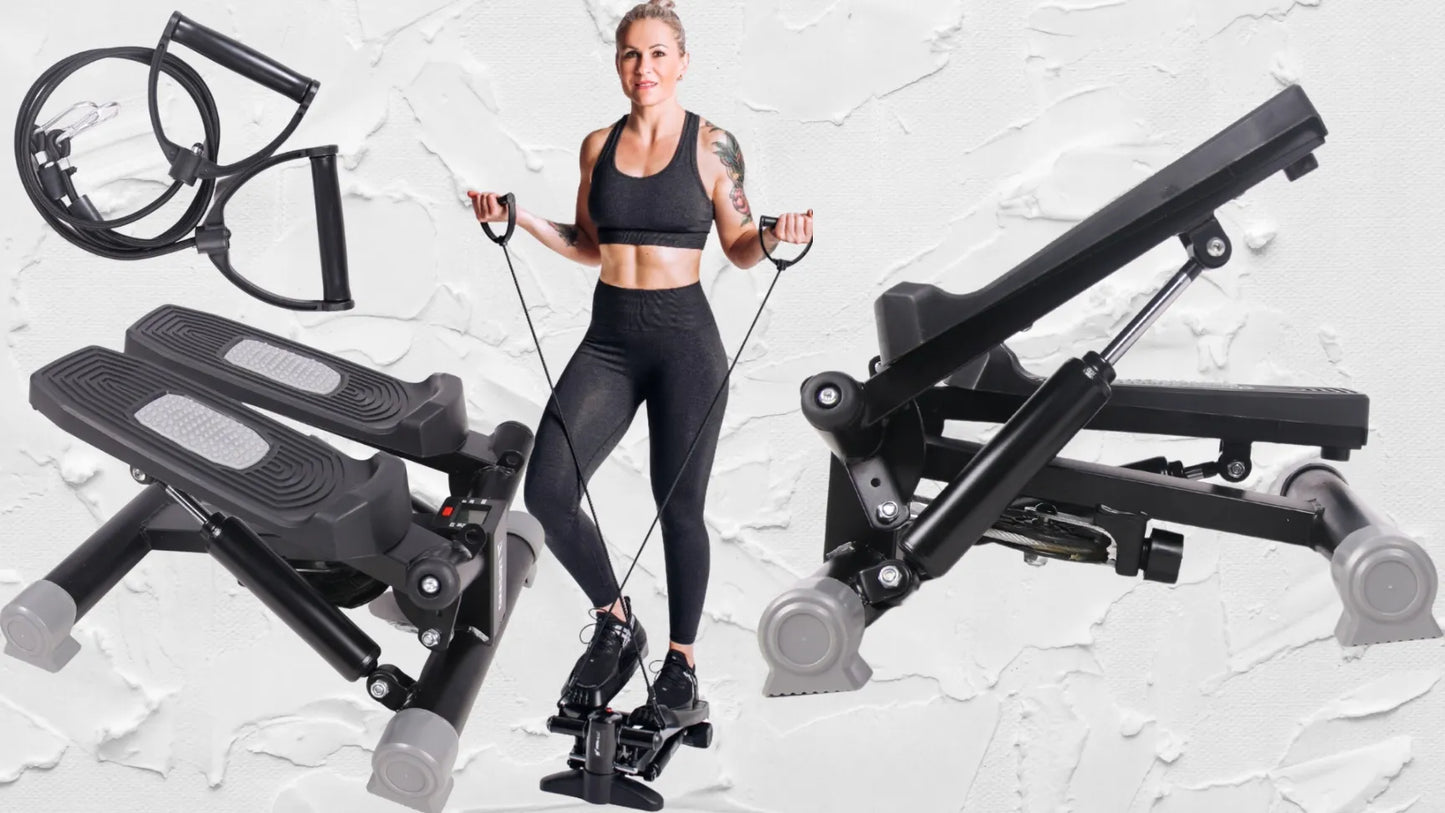 Fit4Med pasukamas stepper treniruoklis su elastinėmis virvėmis ir LCD ekranu