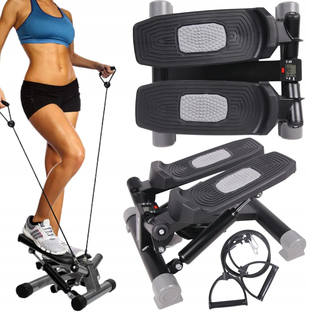 Fit4Med pasukamas stepper treniruoklis su elastinėmis virvėmis ir LCD ekranu
