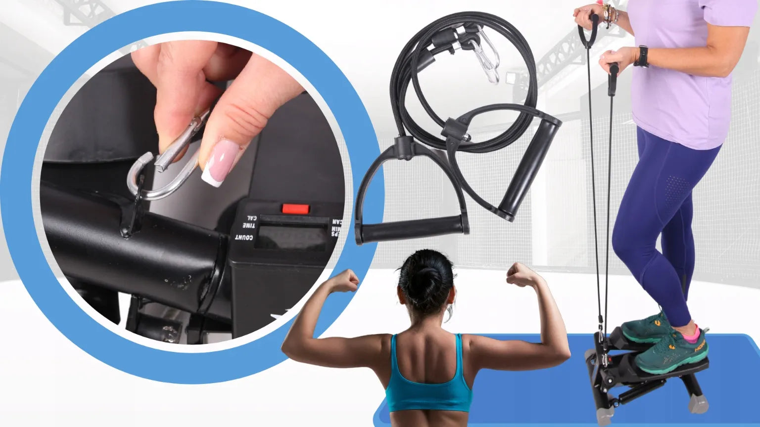 Fit4Med pasukamas stepper treniruoklis su elastinėmis virvėmis ir LCD ekranu