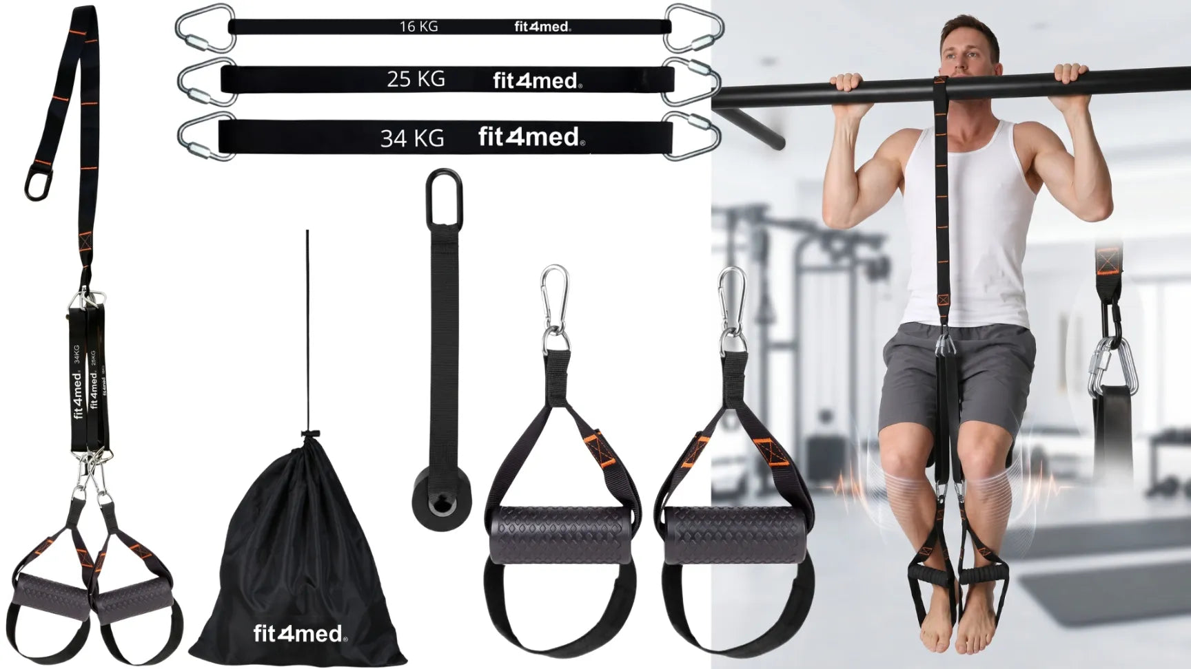 Fit4Med TRX CrossFit treniruočių diržai, reguliuojami 35-163 lbs