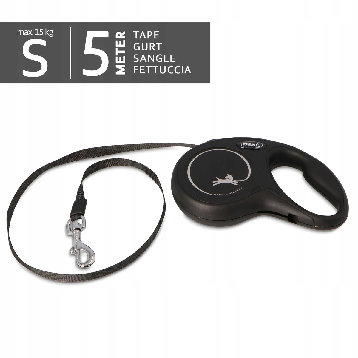 Flexi New Classic automatinis juostinis pavadėlis šuniui, 5 m, S dydis, juodas, su blokatoriumi, iki 15 kg