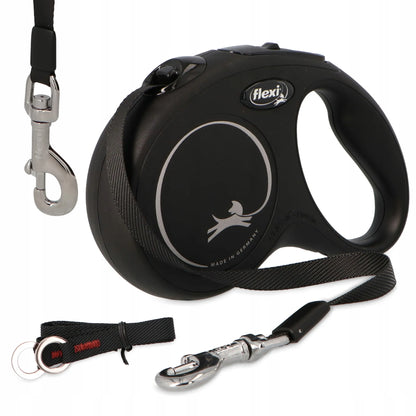 Flexi New Classic automatinis juostinis pavadėlis šuniui, 5 m, S dydis, juodas, su blokatoriumi, iki 15 kg