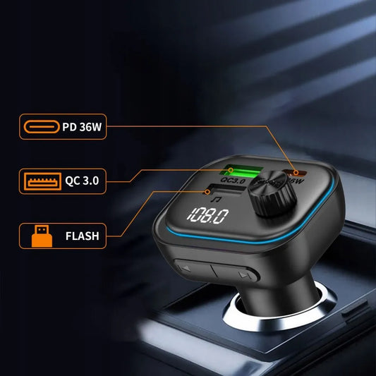 FM siųstuvas įkroviklis Bluetooth BT USB Type-C QC 3.0 + PD 36W LED MP3